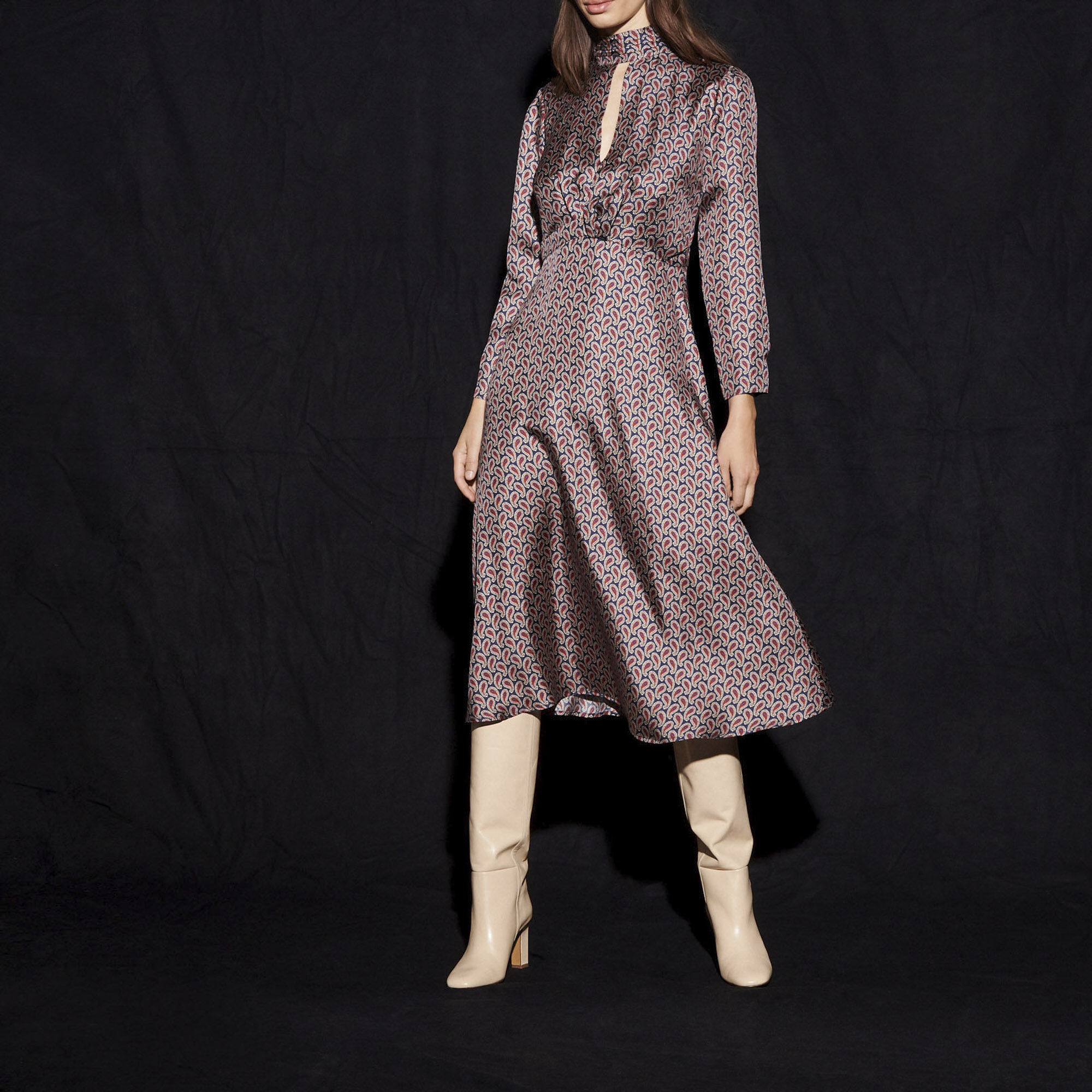 SANDRO LONG SILK DRAPED DRESS WITH PRINT