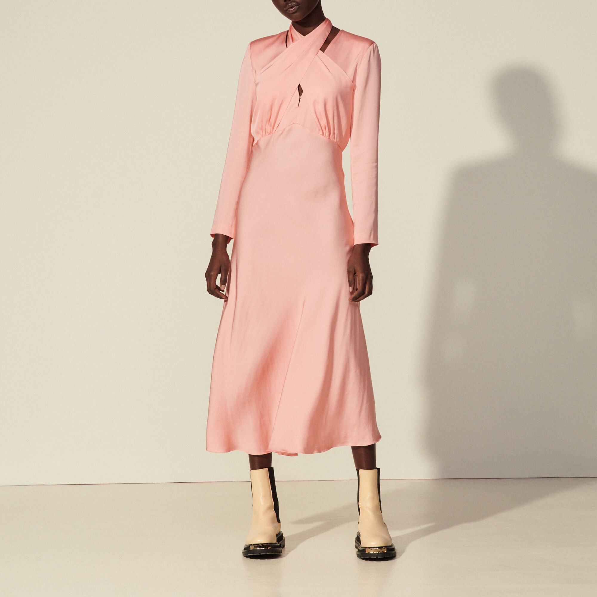 SANDRO LONG DRESS WITH DRAPED NECKLINE