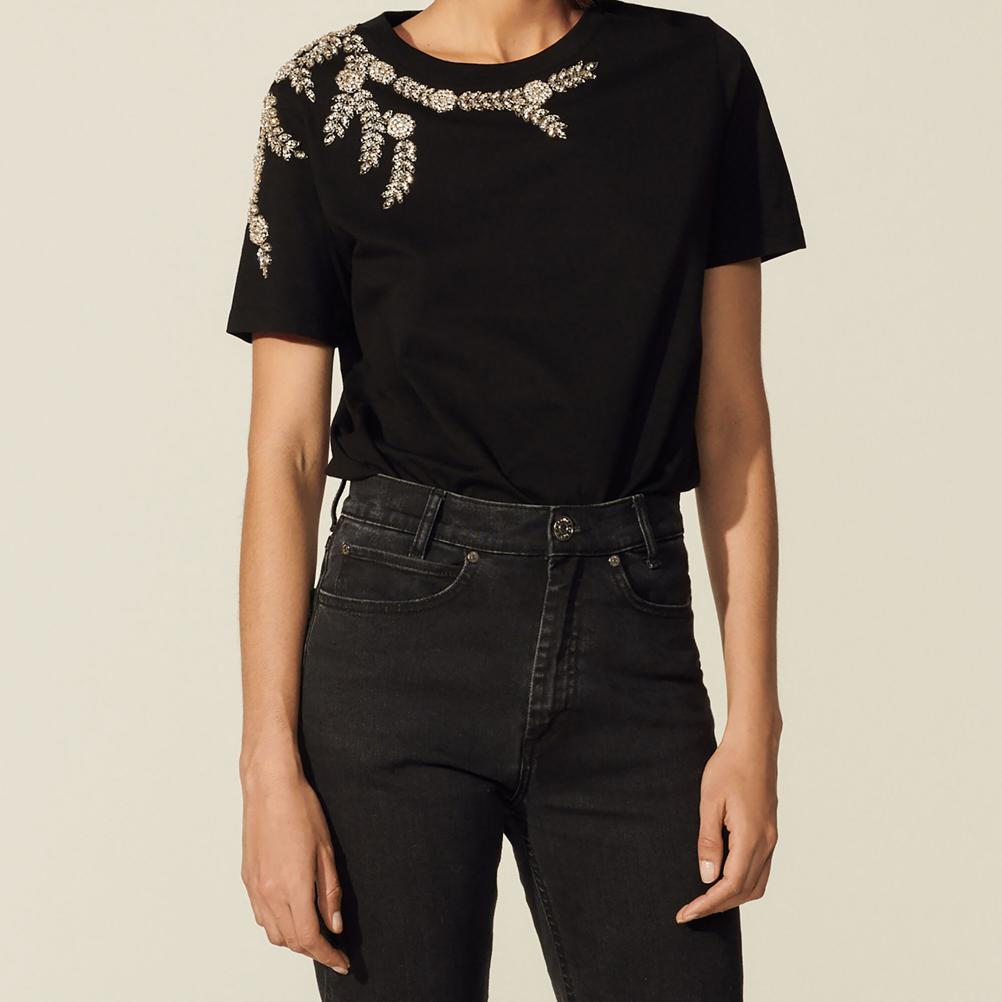 SANDRO T-SHIRT WITH EMBROIDERY AND RHINESTONES