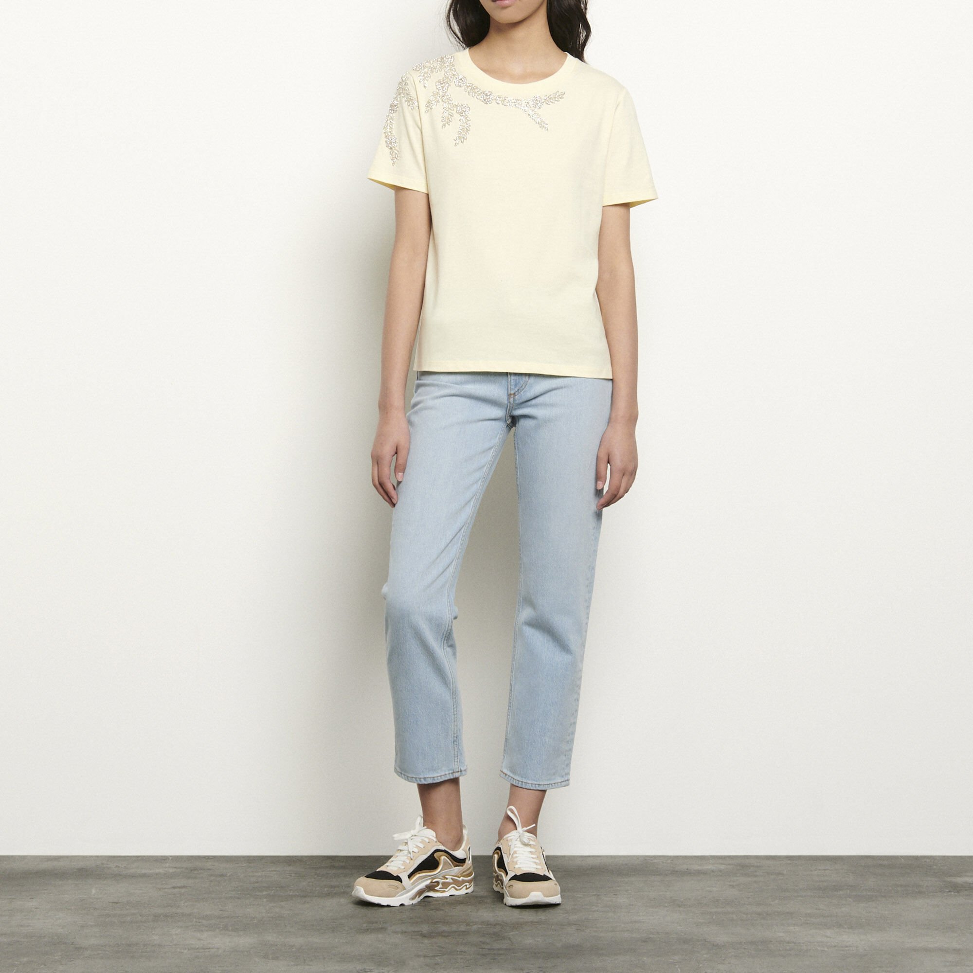 Sandro T-shirt With Embroidery And Rhinestones In Yellow