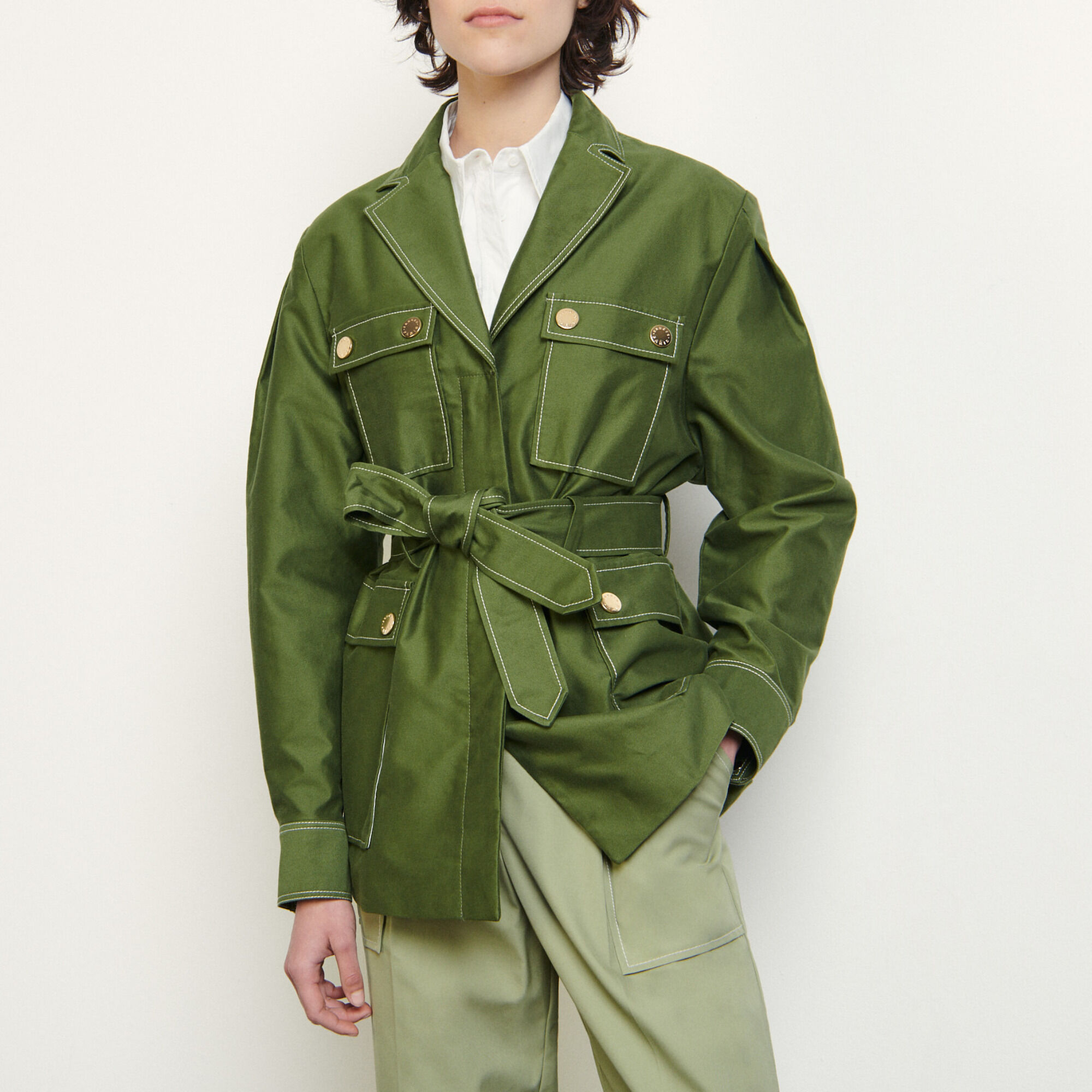 Sandro Cotton Jacket With Gold-tone Press Studs In Green