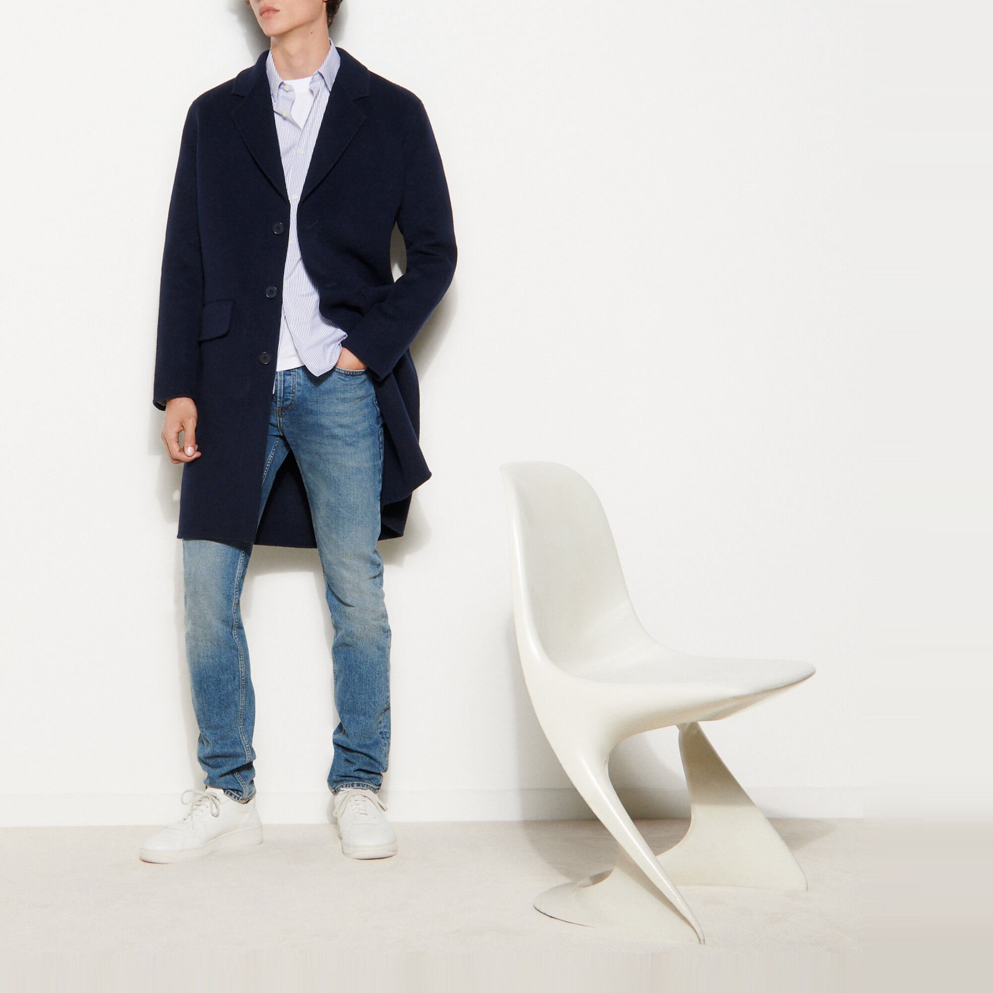 Sandro Double sided Wool Coat In Navy Blue ModeSens