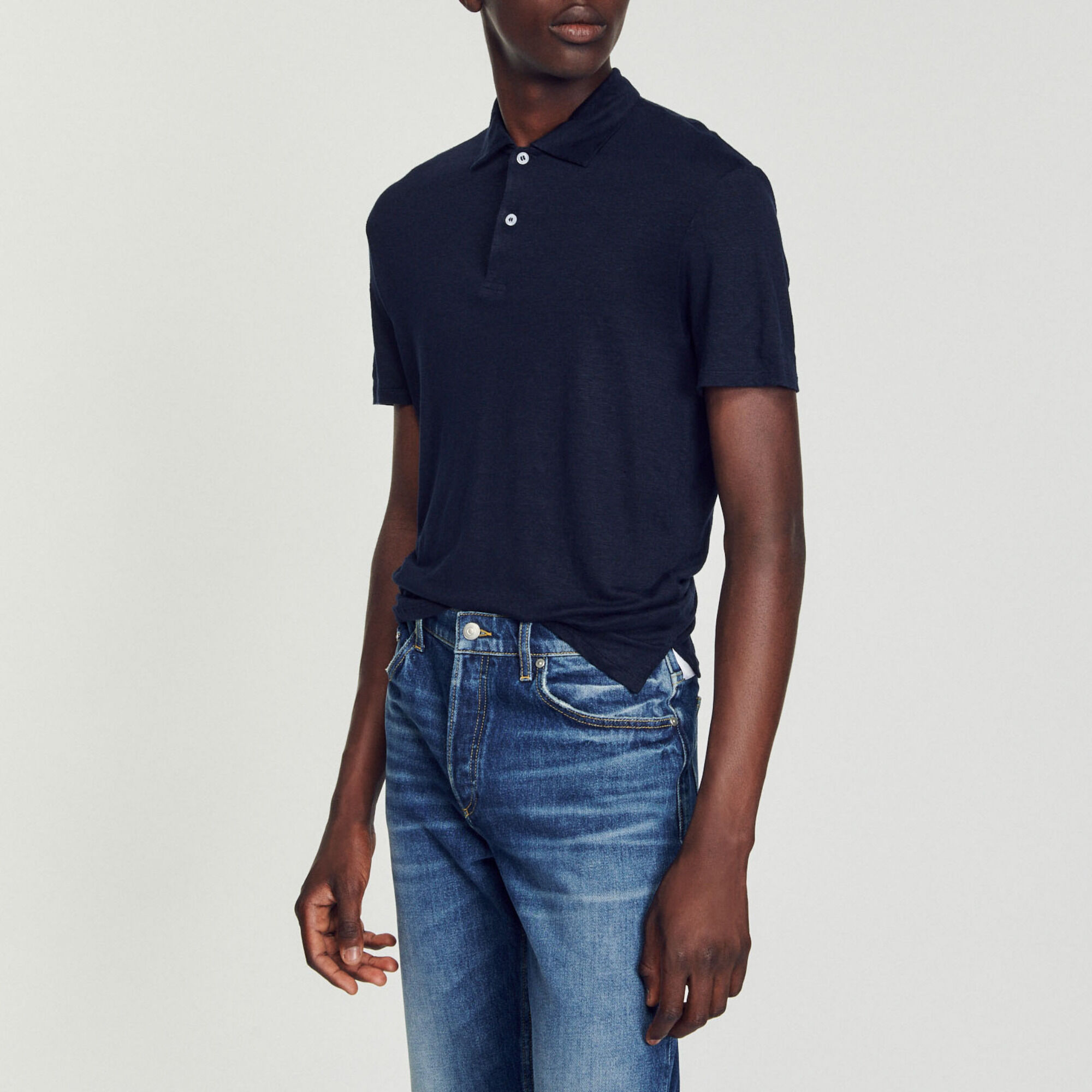Sandro Beach Linen Polo Style Tee In Navy Blue