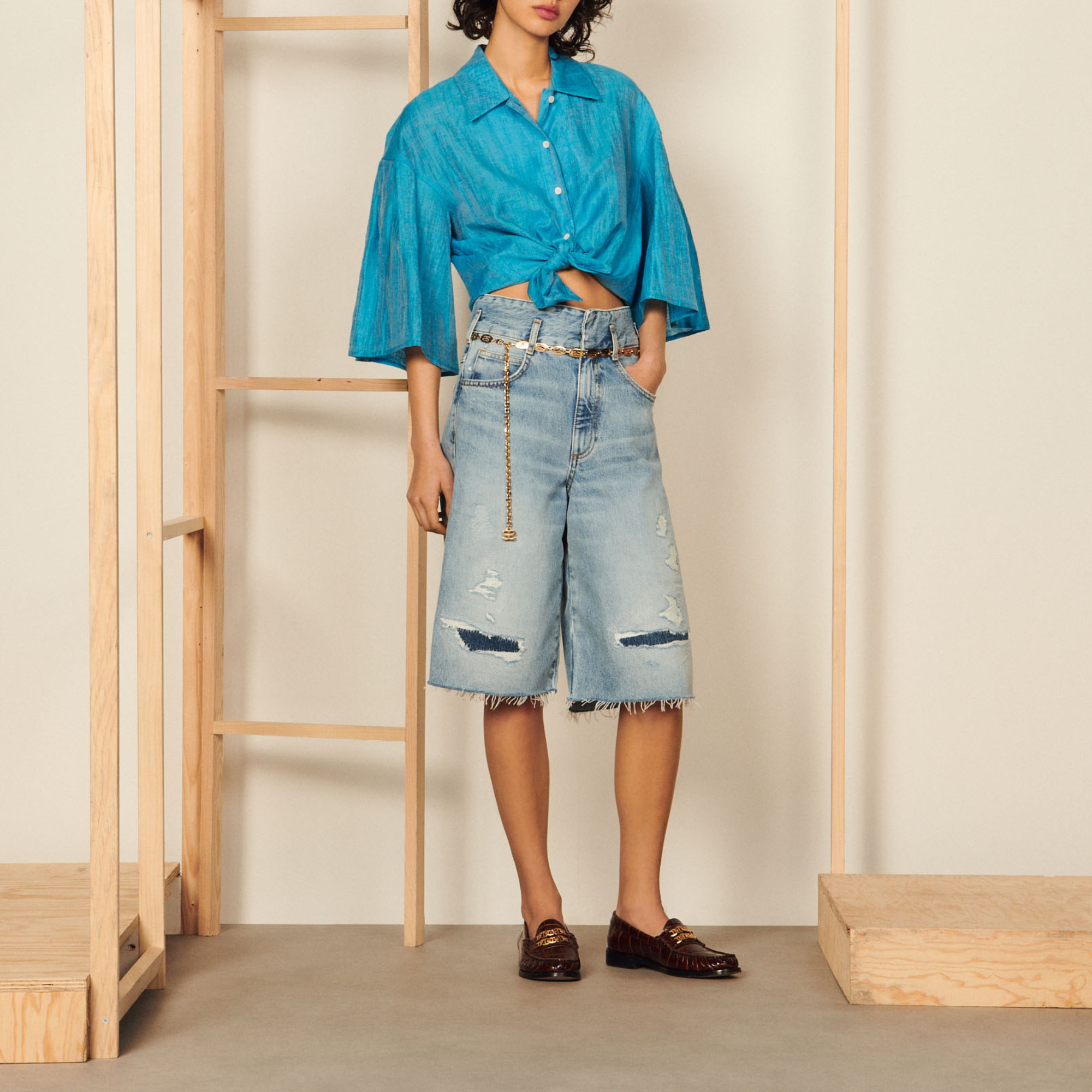 Flowing silk shirt blue For Women | Sandro Paris