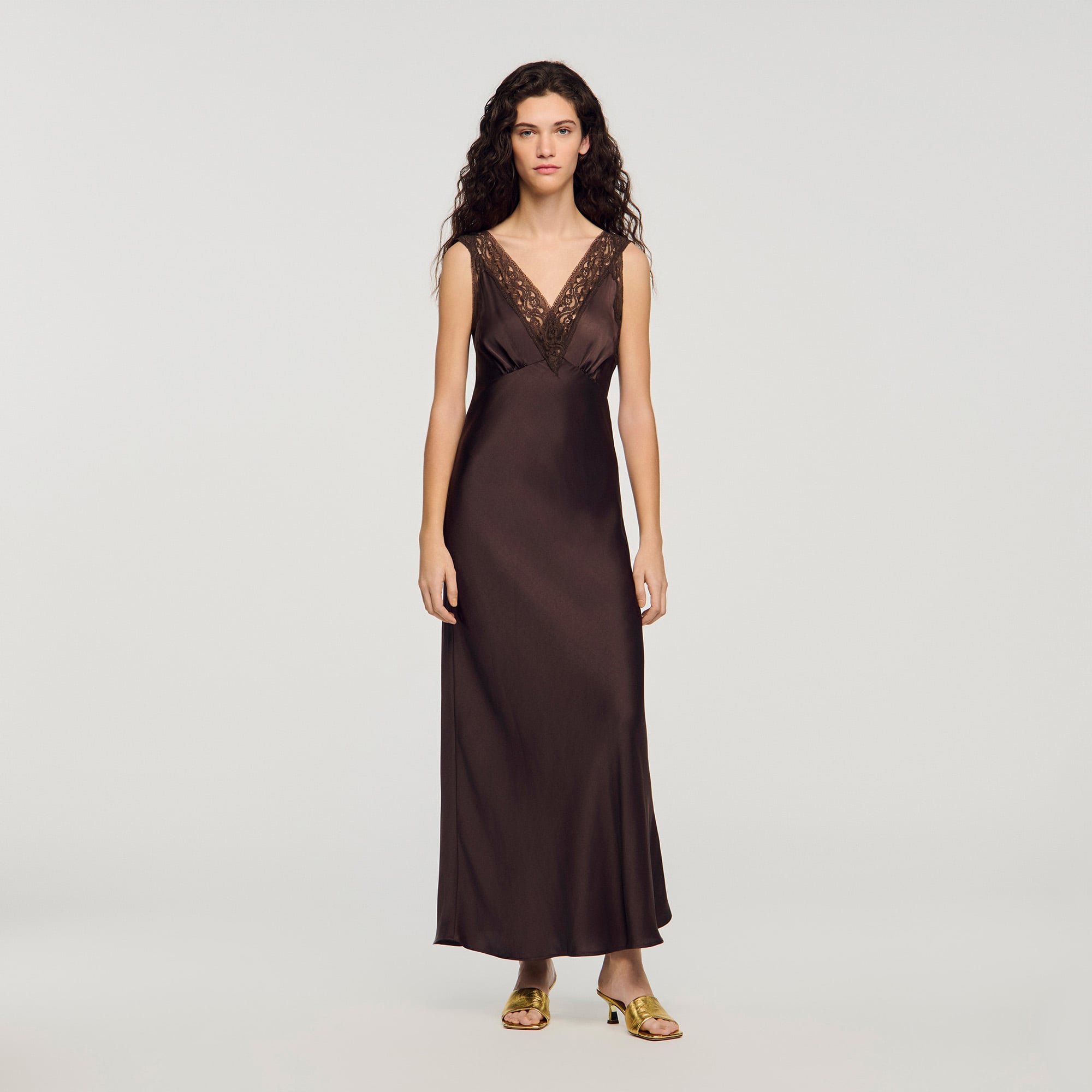 Lace collar maxi dress brown For Women | Sandro Paris