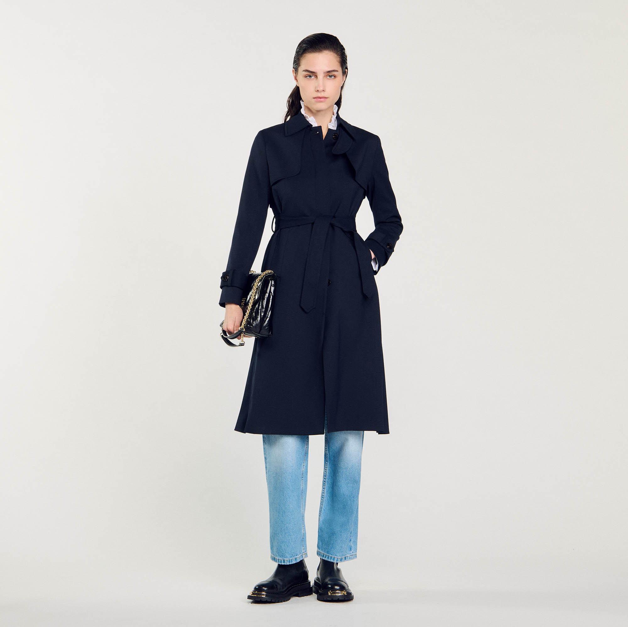 Trench coat with pleated inset blue For Women | Sandro Paris