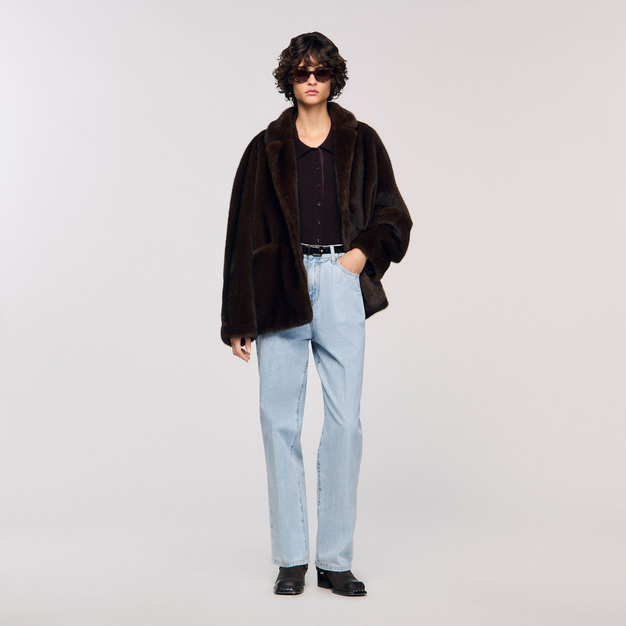 Faux fur coat jacket brown For Women | Sandro Paris