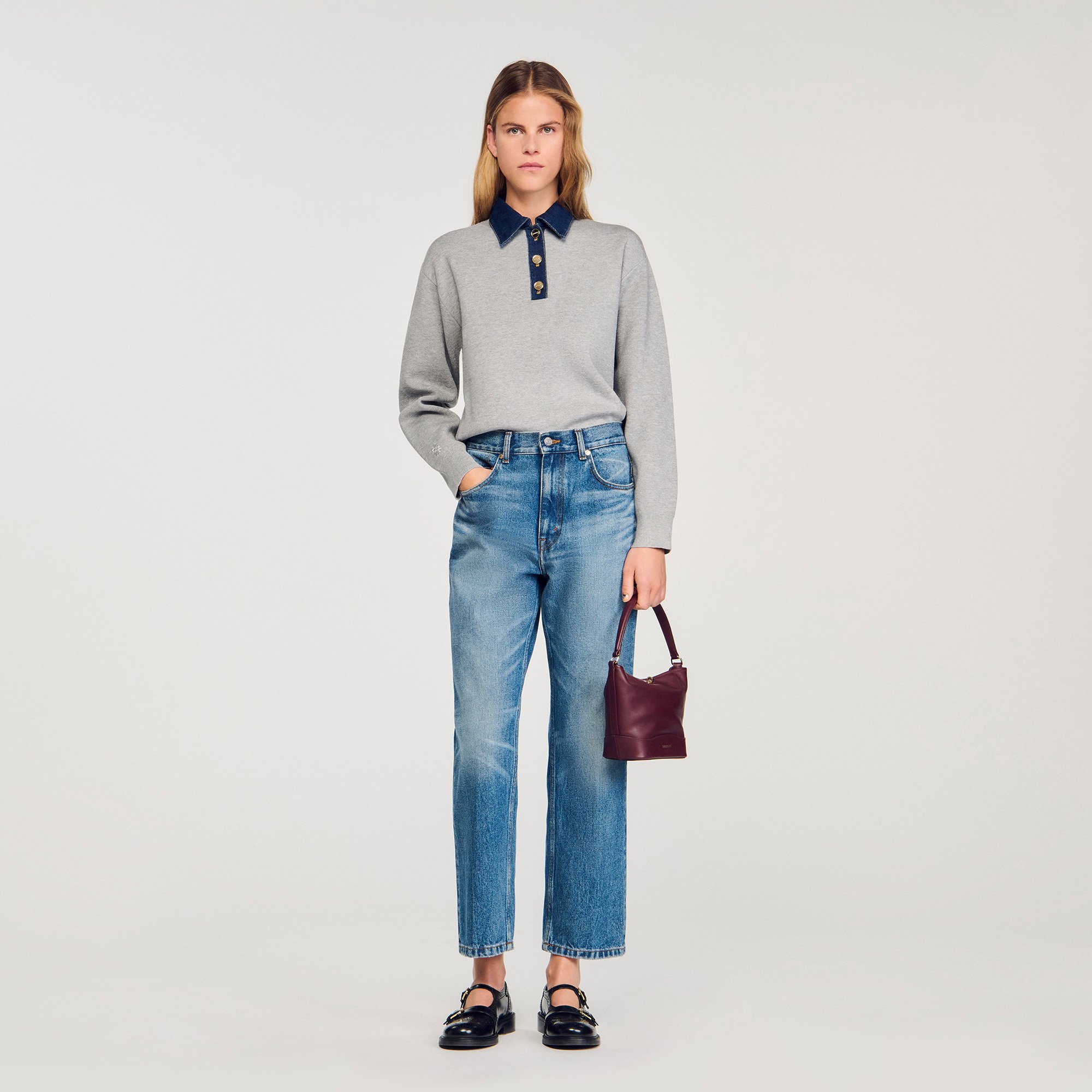 Sandro サンドロ Rhinestone denim top blue For Women | Sandro Paris