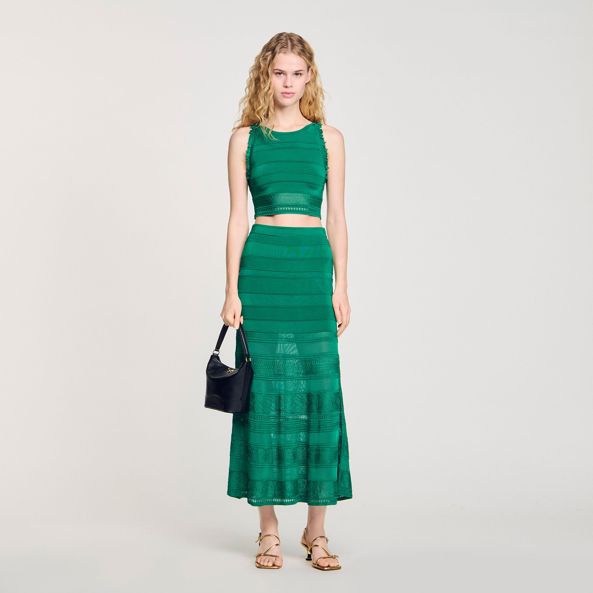 【海外限定】Sandroスカート☆Contrast-Hem Button-Down Knitted Long decorative knit skirt green For Women | Sandro Paris