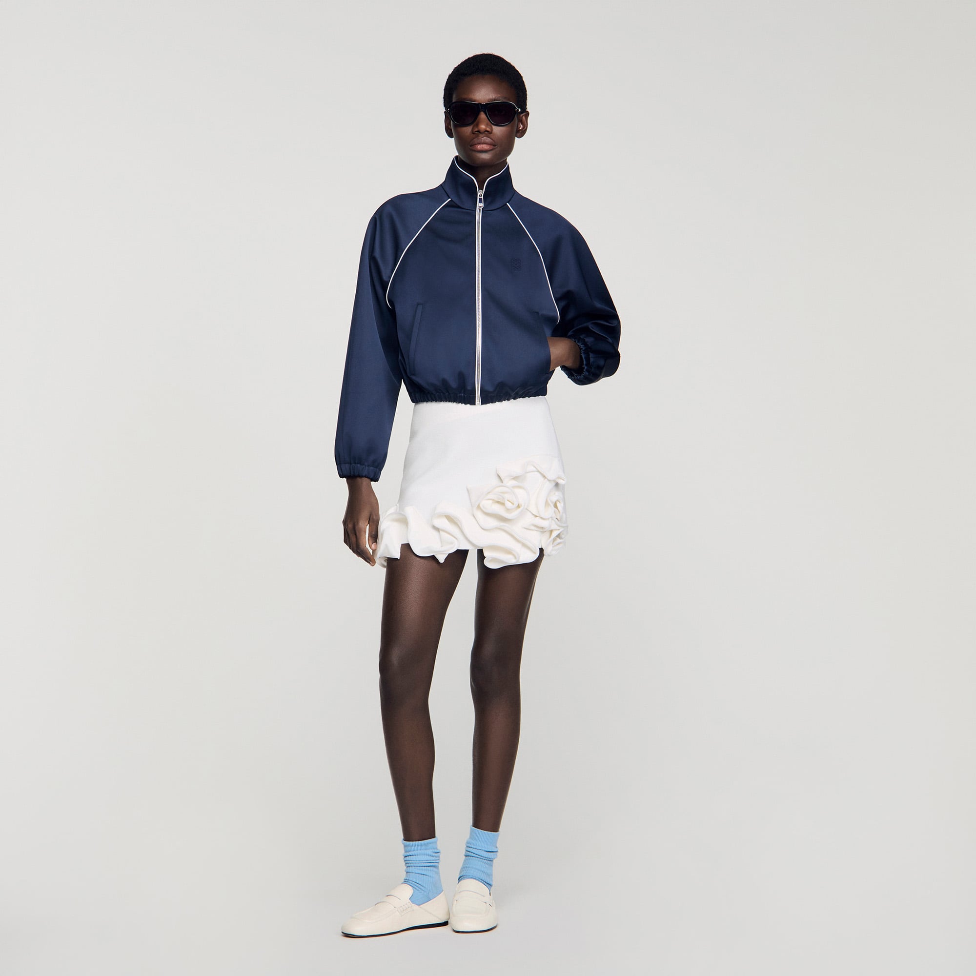 Embroidered cropped satin jacket blue For Women | Sandro Paris
