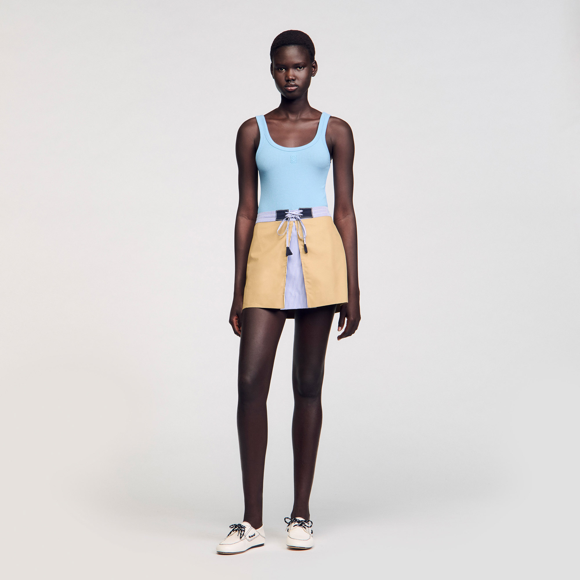 Short dual-material skirt white / beige For Women | Sandro Paris