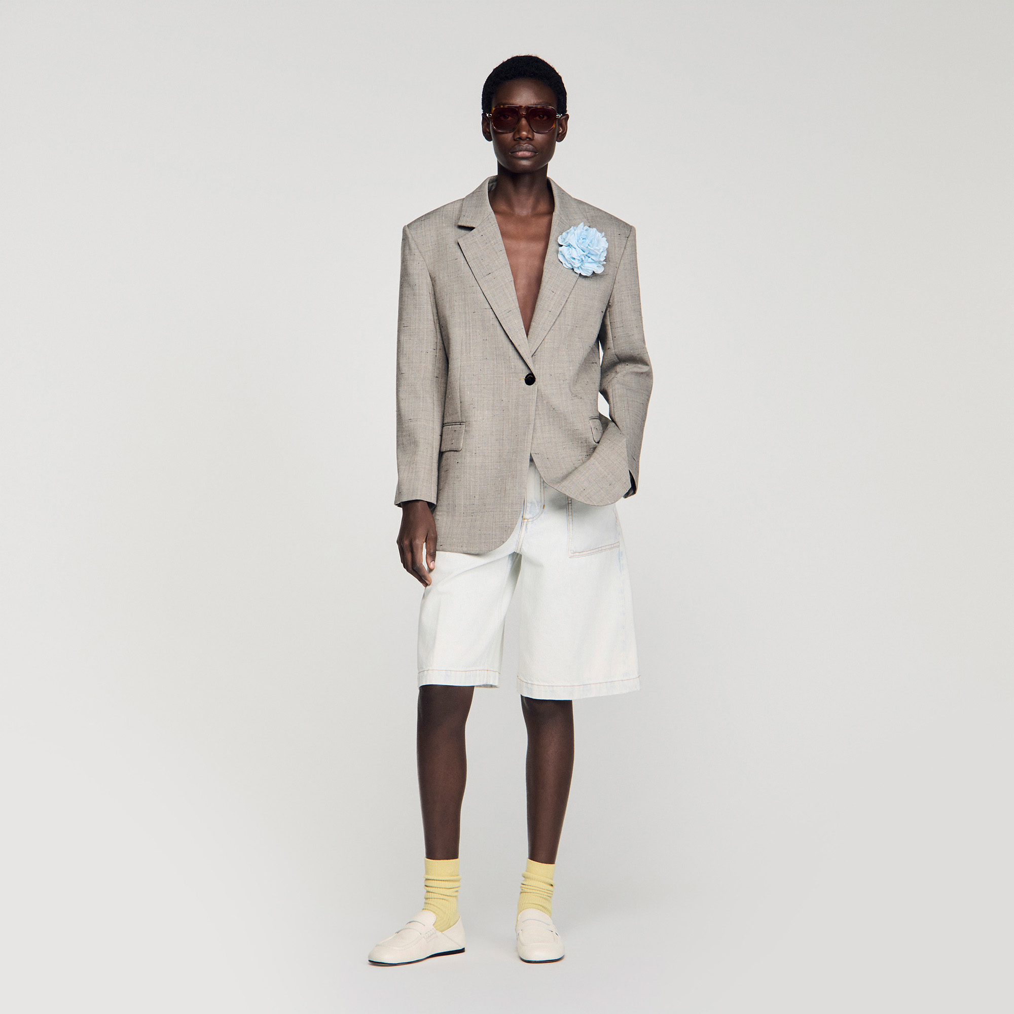 Check wool jacket with brooch white / beige For Women | Sandro Paris