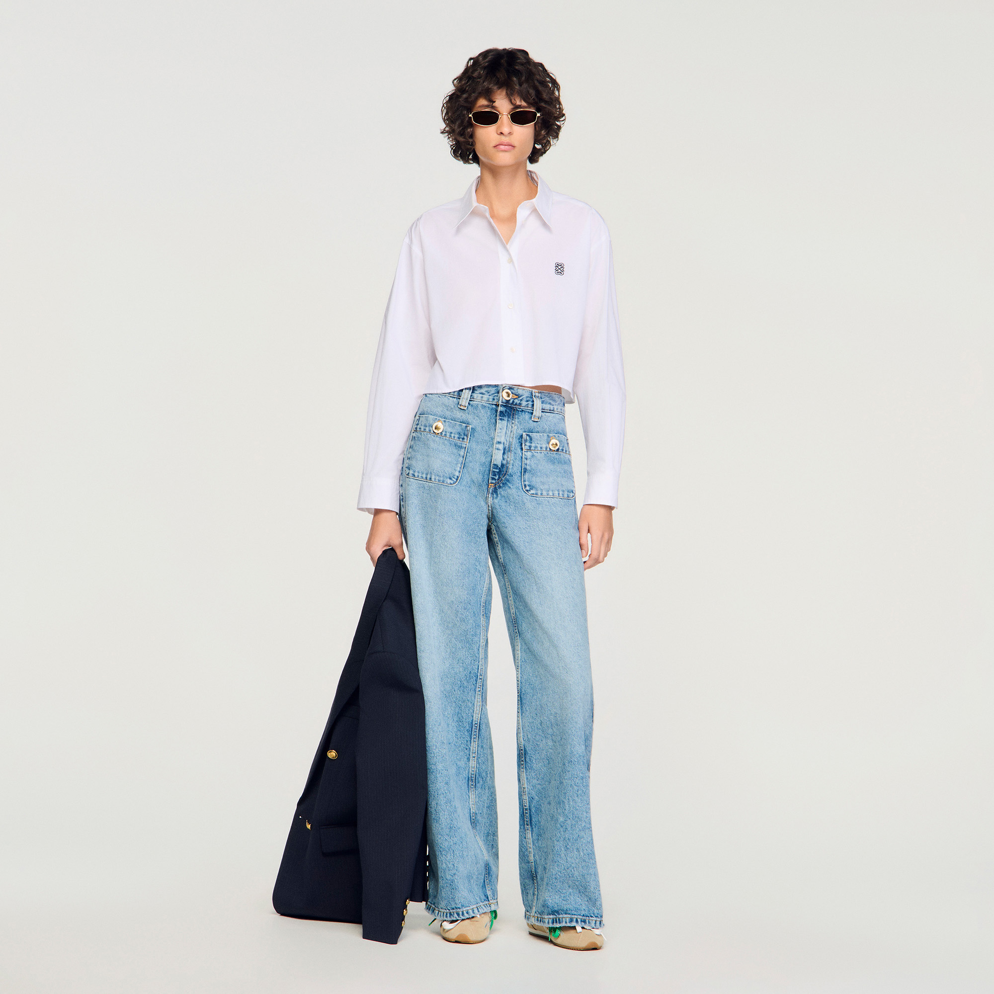 Cropped poplin shirt white / beige For Women | Sandro Paris