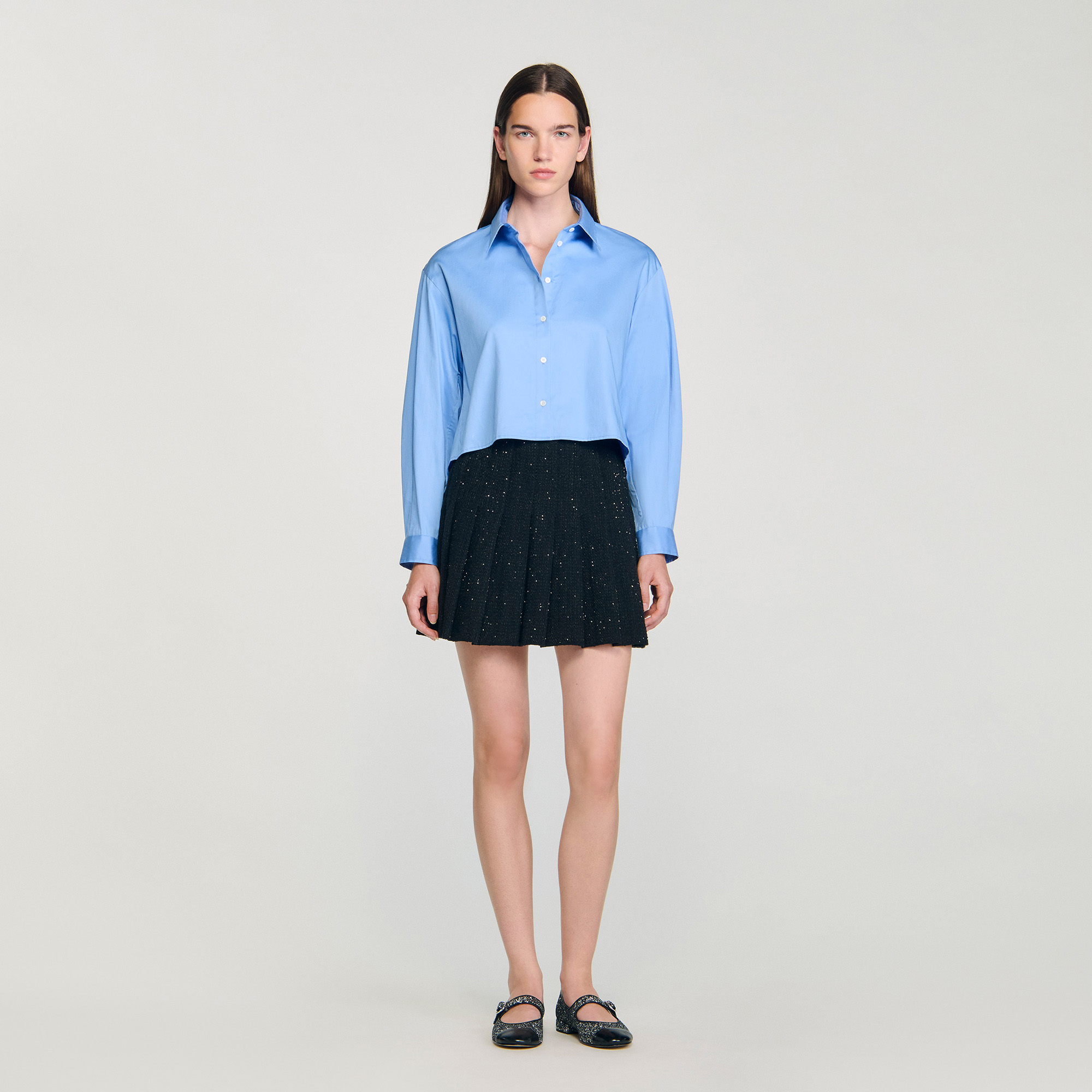 Short tweed pleated skirt black / gray For Women | Sandro Paris