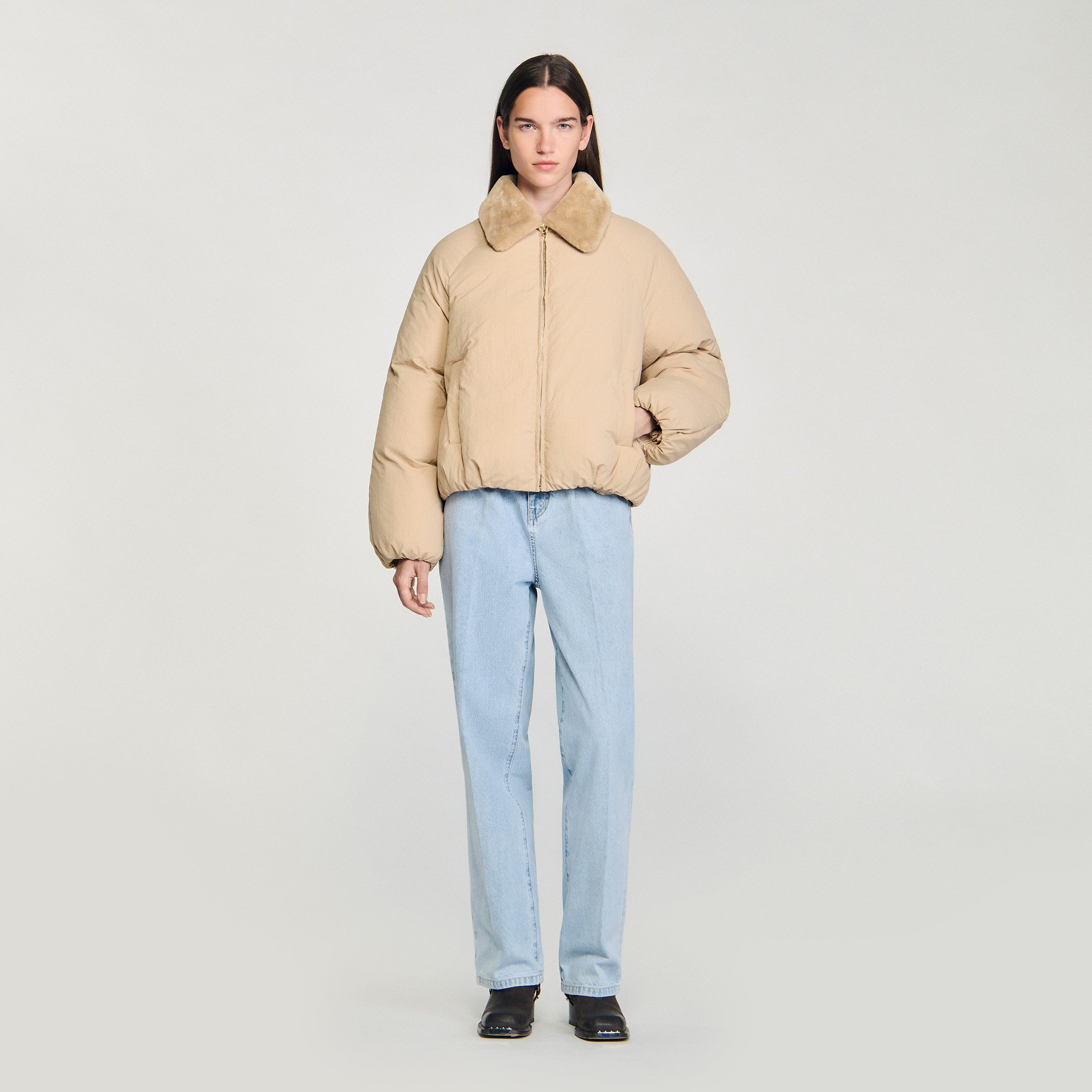 Puffer jacket with shearling collar | Sandro UK