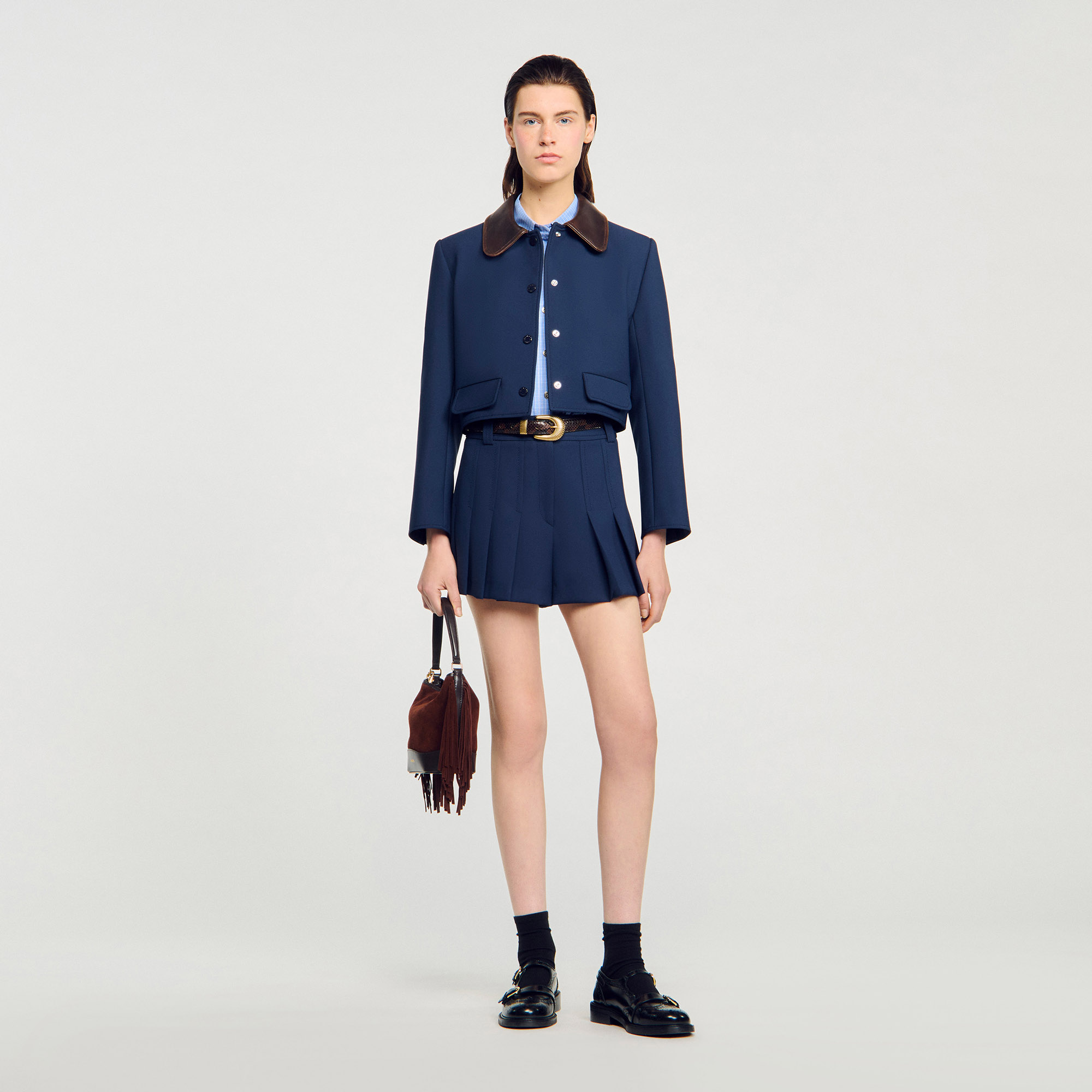 Cropped jacket with leather collar blue For Women | Sandro Paris