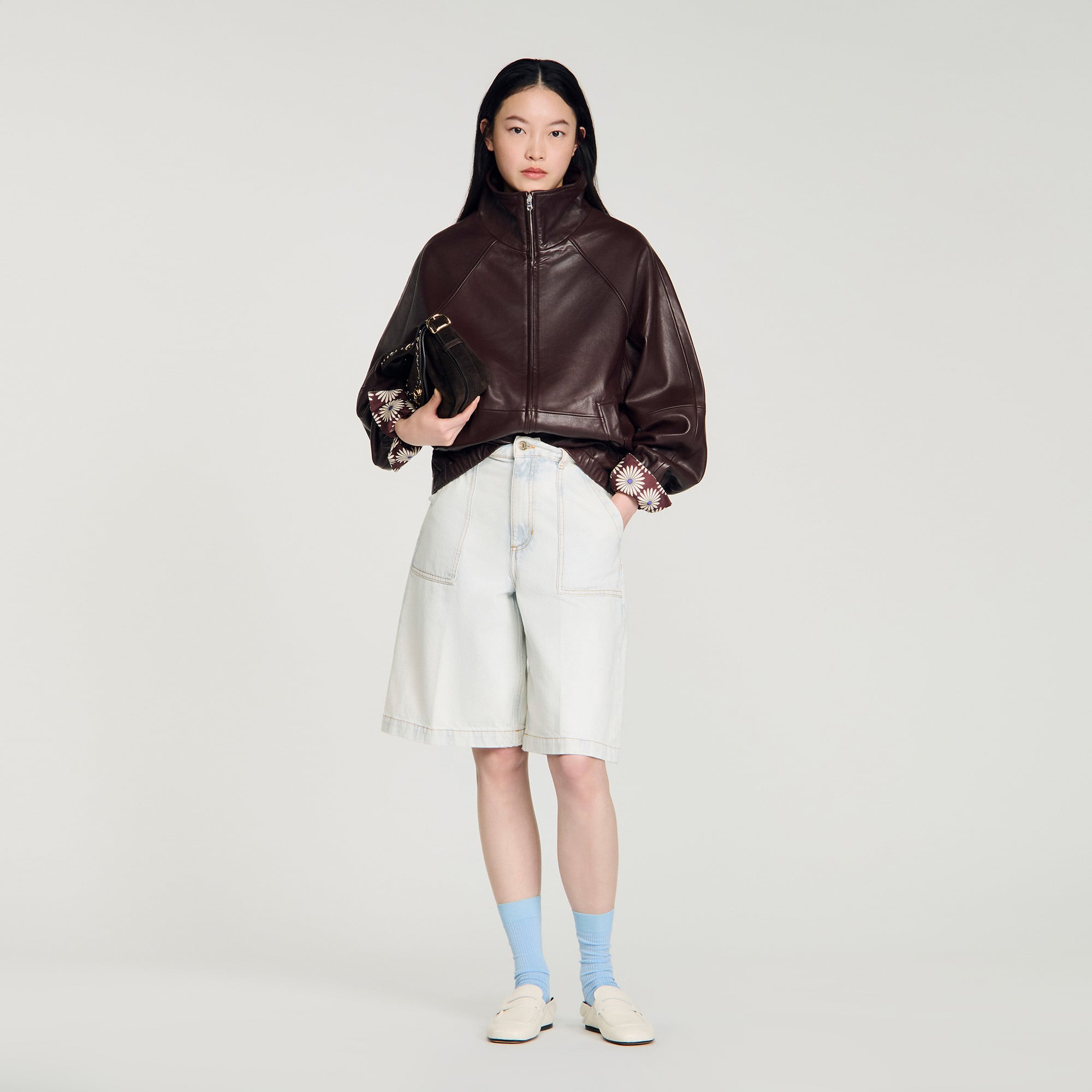 Oversized zip-up leather jacket brown For Women | Sandro Paris