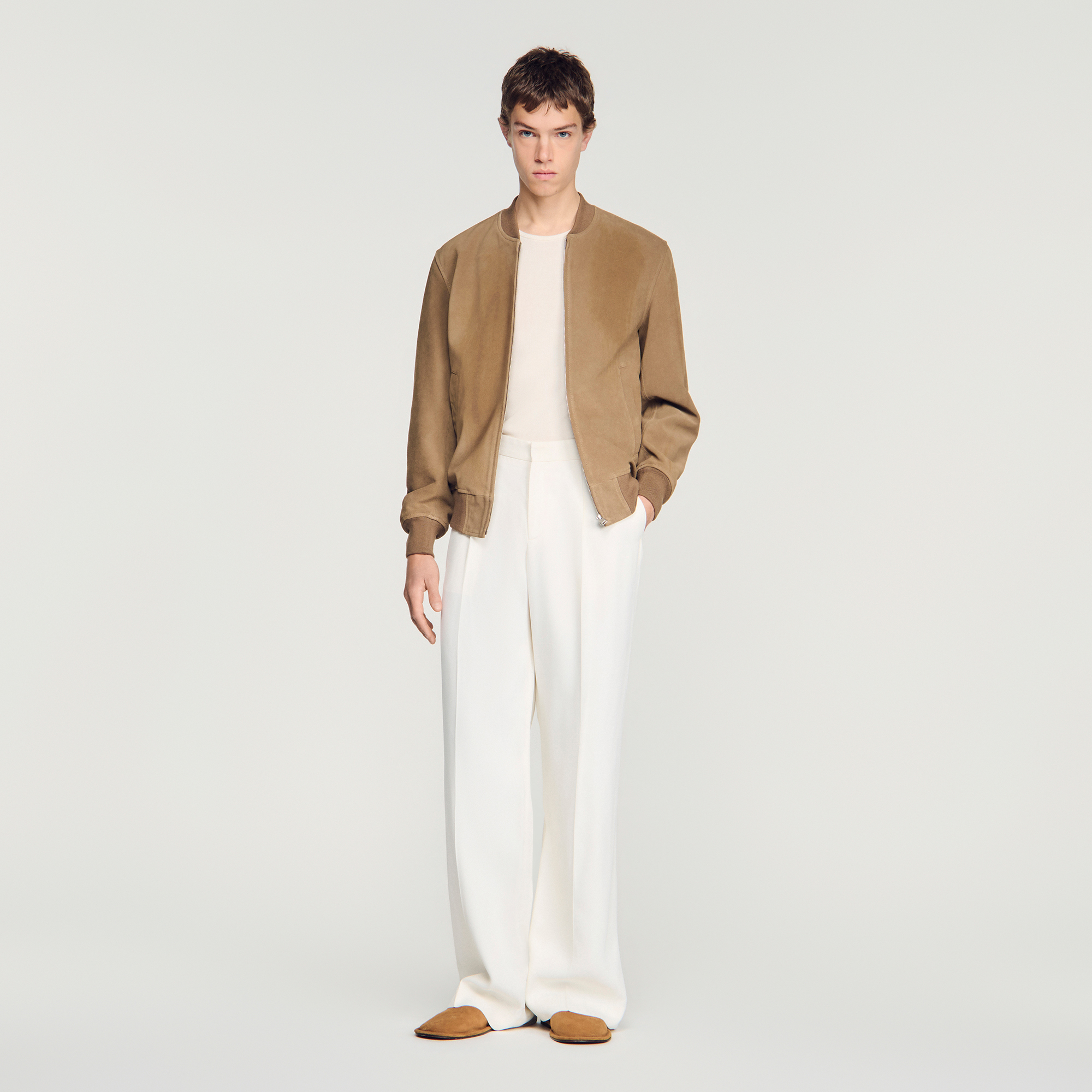 Zip-up split leather jacket brown for Men | Sandro Paris