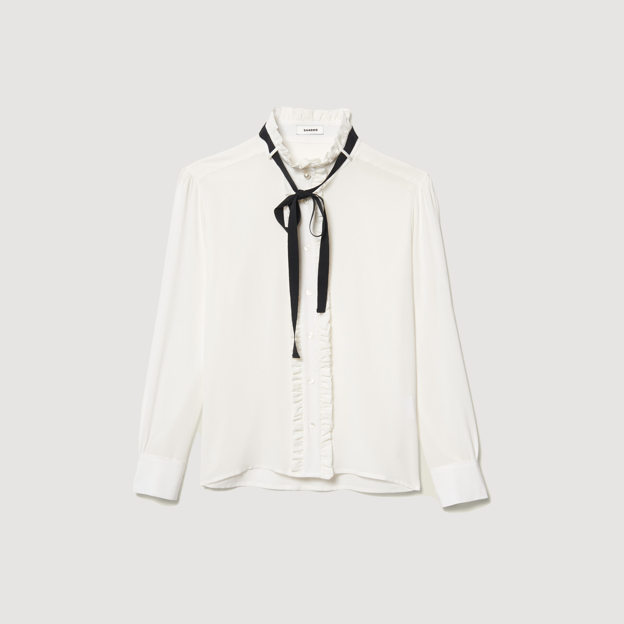 Silk blouse with ribbon SFPCM00033 Ecru - Tops & Shirts | Sandro Paris