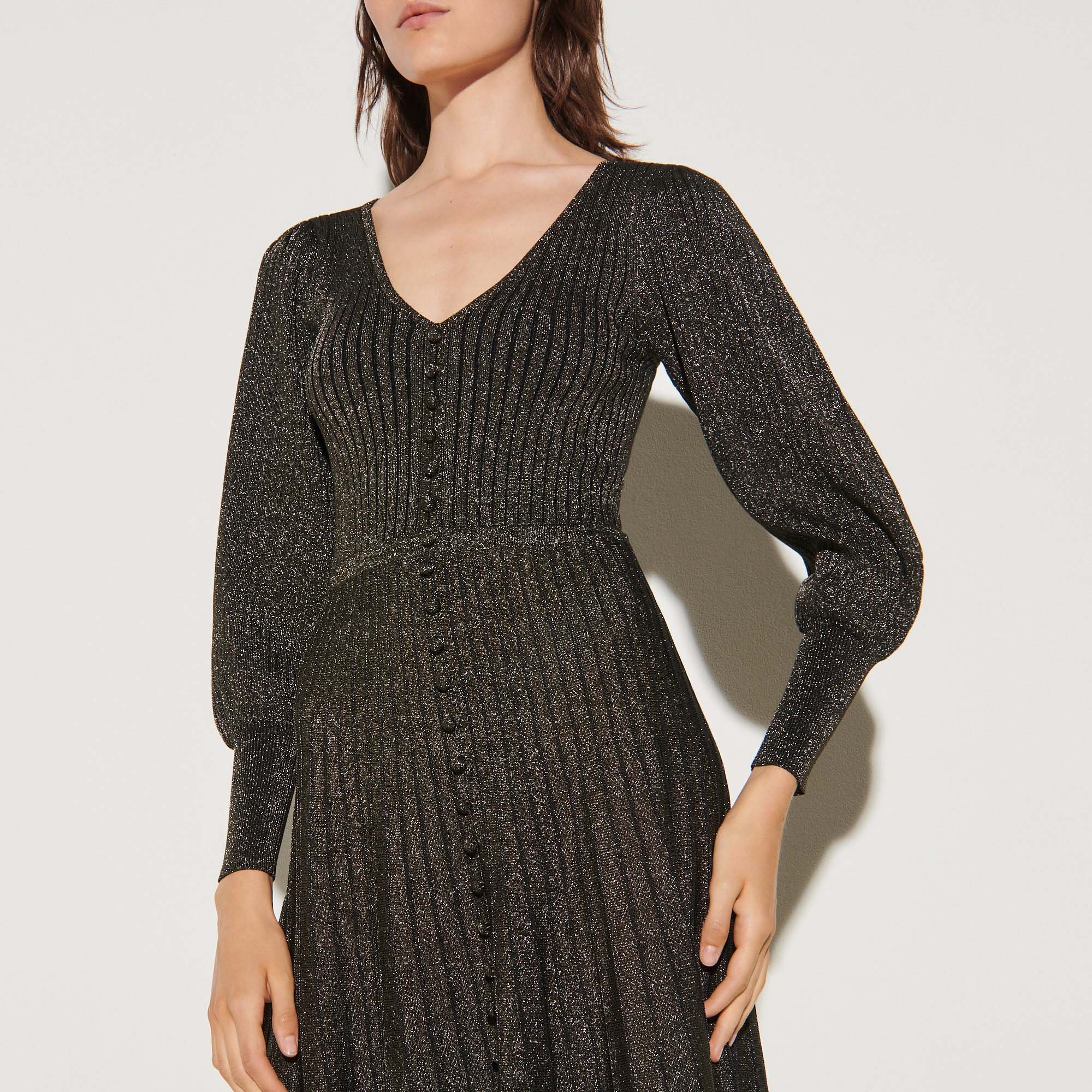 Long button-up dress in lurex knit SFPRO01334 Black / Gold - Dresses