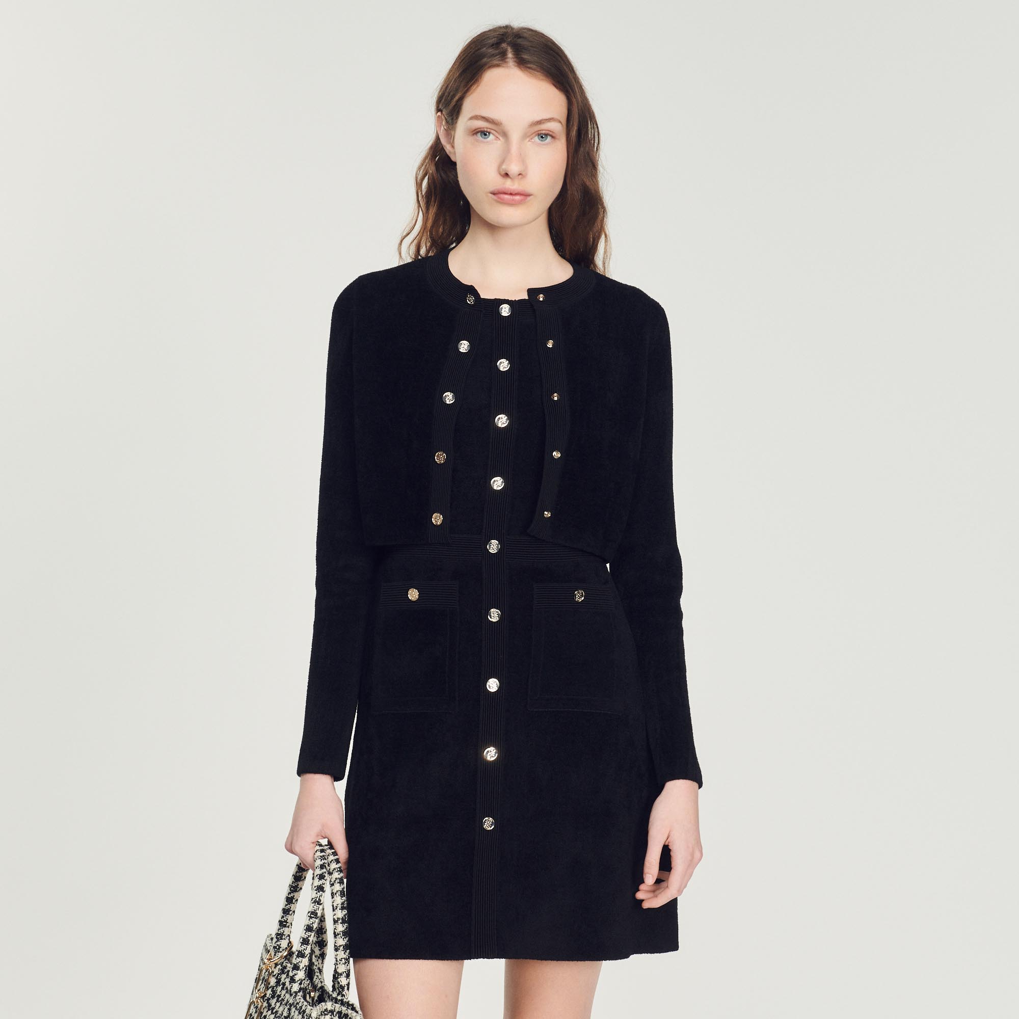 Sandro Cropped Velvet-effect Cardigan In Black