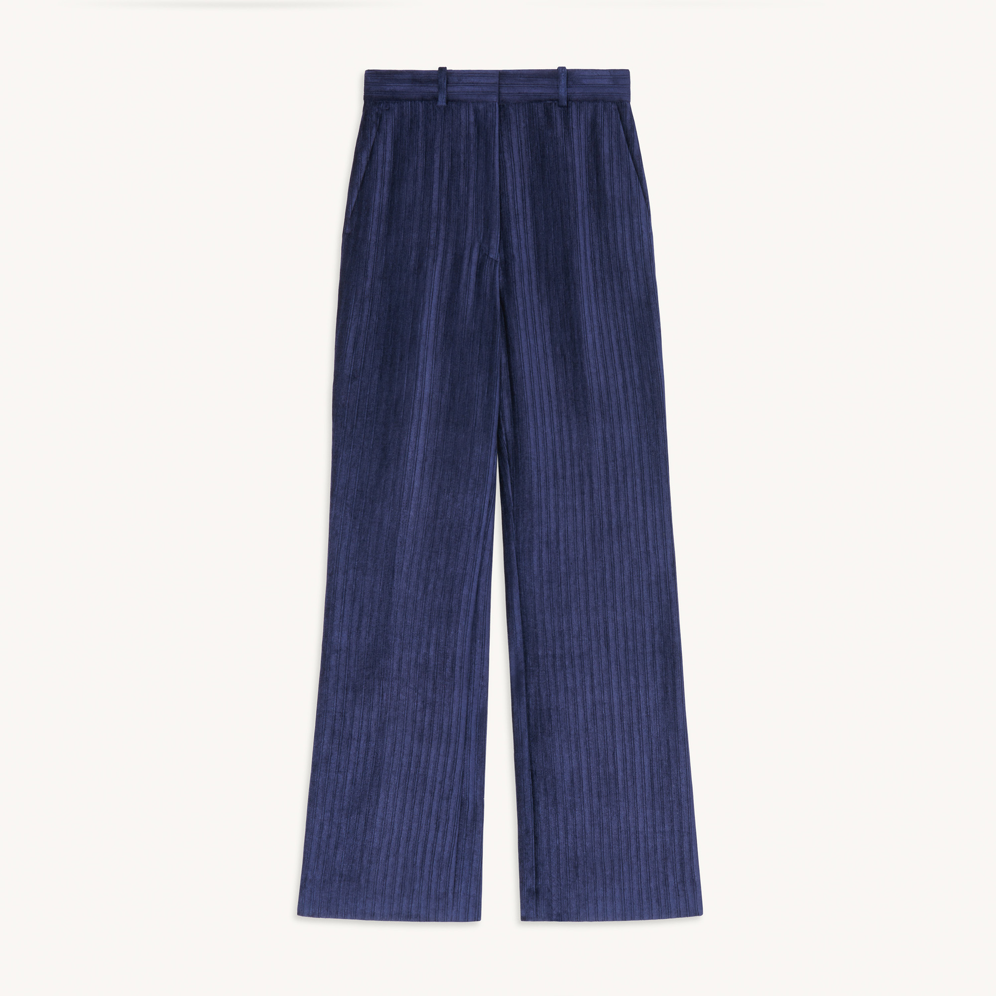 navy wide leg velvet trousers