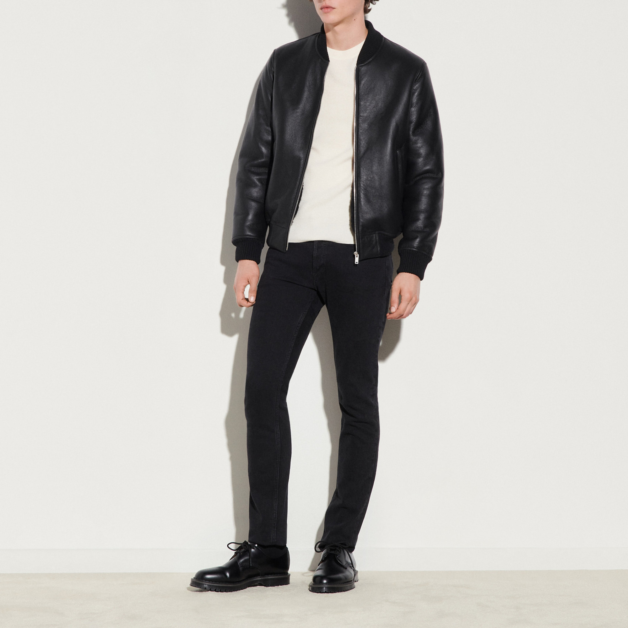 Sheepskin varsity jacket SHPBL00440 Black - Leather Jackets | Sandro Paris