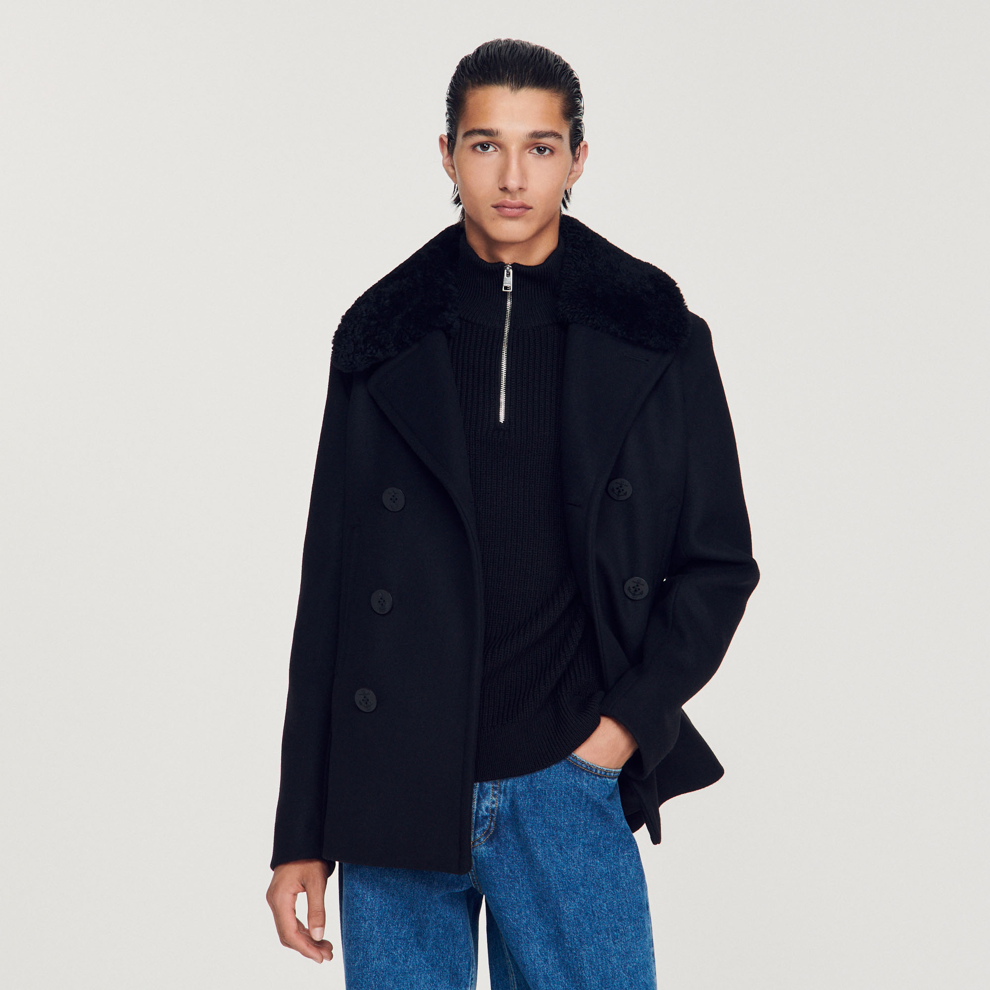 Sandro Double-breasted Shearling Wool-blend Pea Coat In Navy Blue